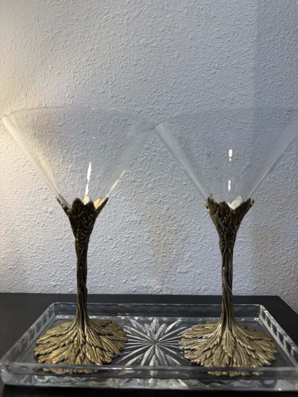 Grey Goose Martini Glass Set of 2 Pewter Metal Vine Leaf Stem Cocktail Barware - Picture 2 of 6